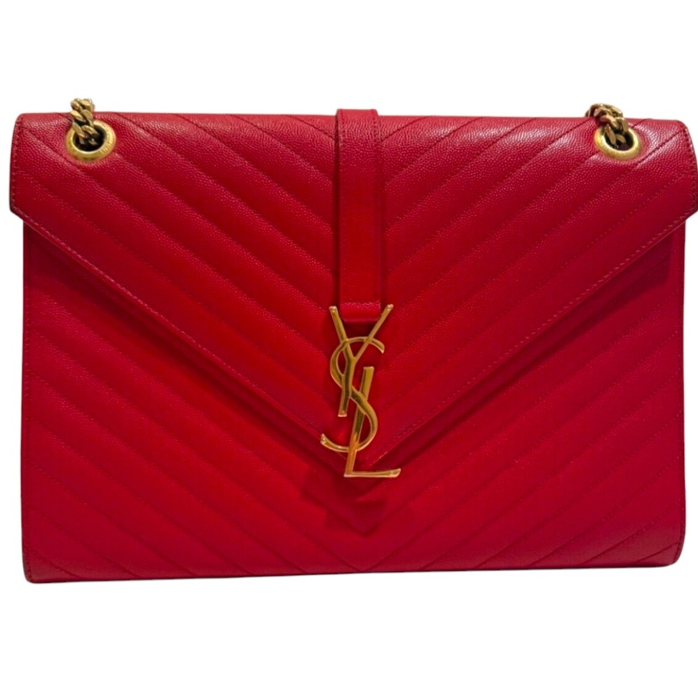 SAINT LAURENT YSL Red Grain De Poudre Matelasse Chevron Large Monogram Bag